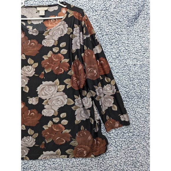 VTG Express Top Size Medium 90s Dark Floral Relaxed Fit Long Sleeve Stretch Blk - Picture 4 of 12